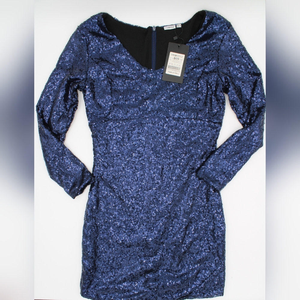 NWT Women’s Midnight Navy Sequin Long Sleeve Mini Dress – Size Small - Picture 8 of 10